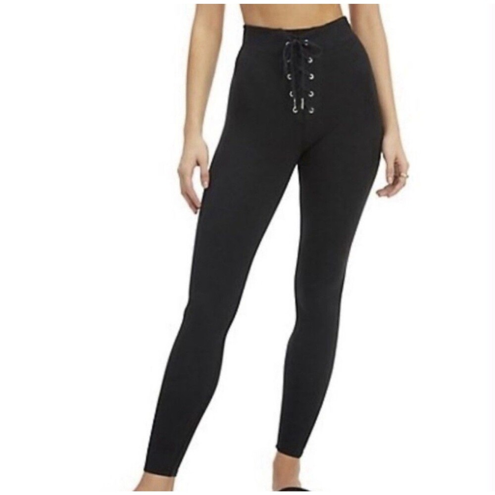 Good American Black Lace-Up Front Bombshell Leggings Style GP0679 Size 5 (XXL)